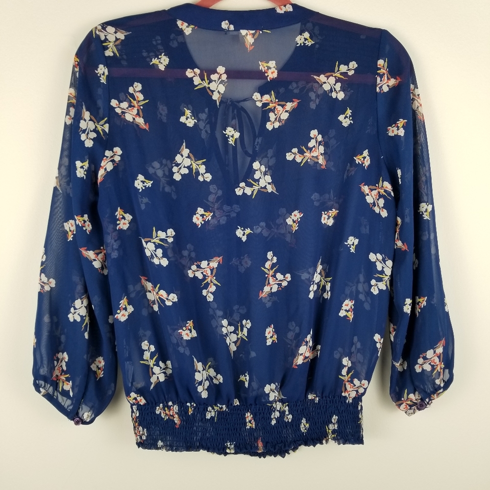 Pleione Royal Blue Floral Print Chiffon Blouse-XS - Picture 2 of 4
